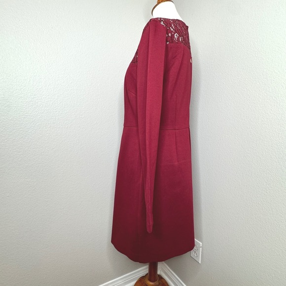 TRINA TURK Long Sleeve Sheath Dress LARGE Dk Red Midi Lace Details Office Career - Picture 5 of 10